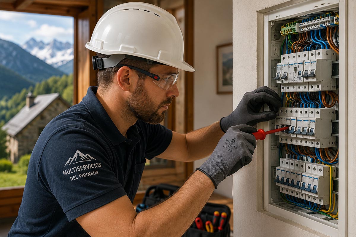 Electricista realizando instalación y mantenimiento de cuadro eléctrico en vivienda del Valle de Arán