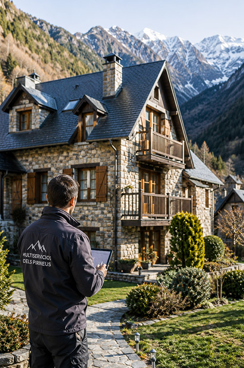 Técnico realizando una inspección de mantenimiento en una vivienda del Valle de Arán