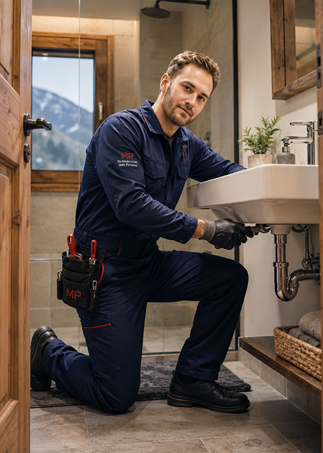 Fontanero realizando una reparación de lavabo en una vivienda del Valle de Arán