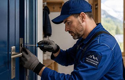 Técnico realizando una reparación de puerta en una vivienda del Valle de Arán